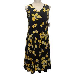 Anne Klein Floral V-Neck Dress Size 4 Navy & Yellow Elegant Chic A-Line Stretch